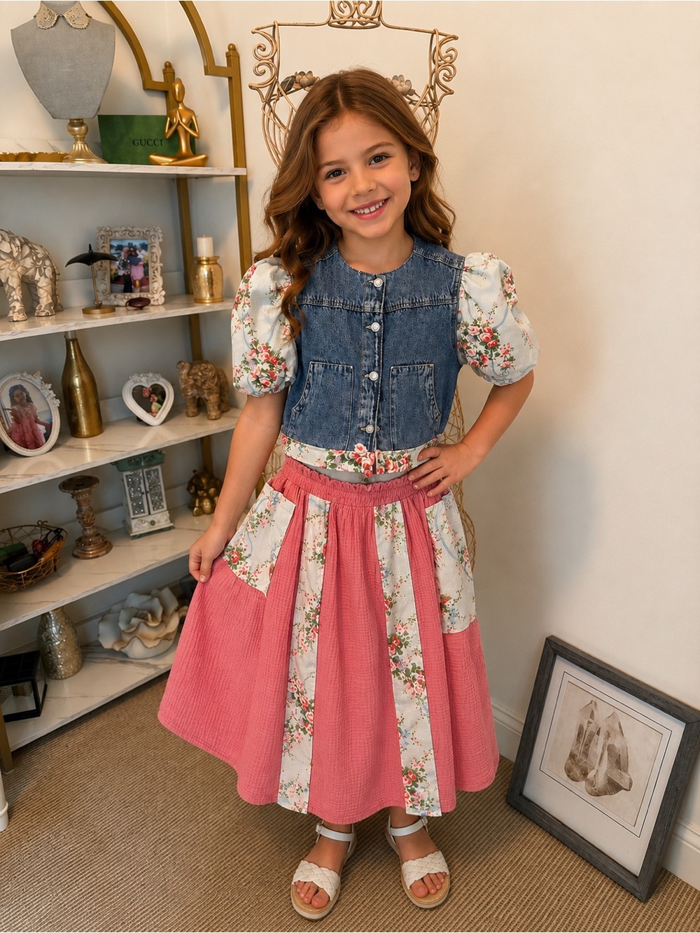 Girls Floral Pink & Denim Matching Set